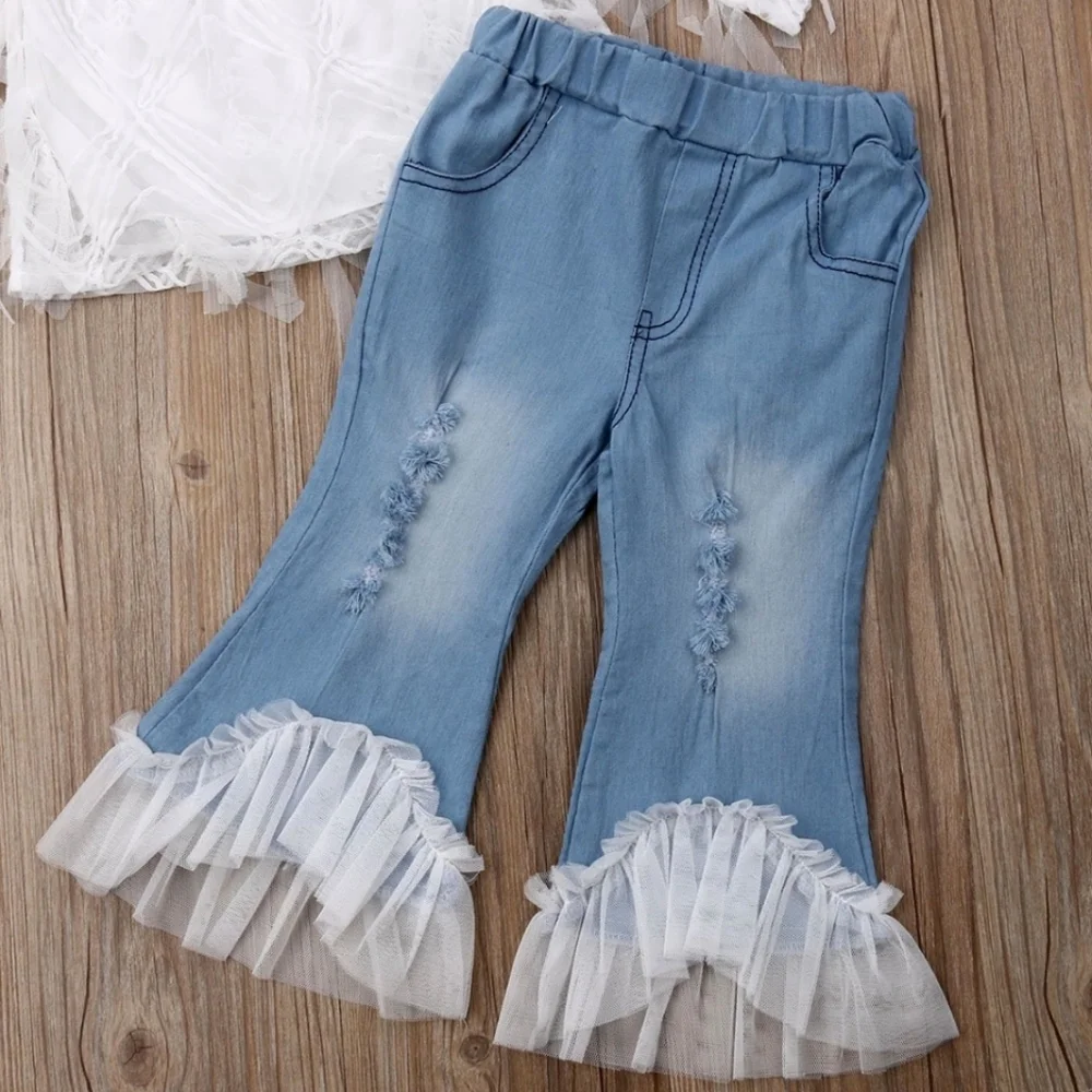 White Lace Off-Shoulder Top & Light Blue Ruffle Hem Jeans Toddler Girls Kids Set